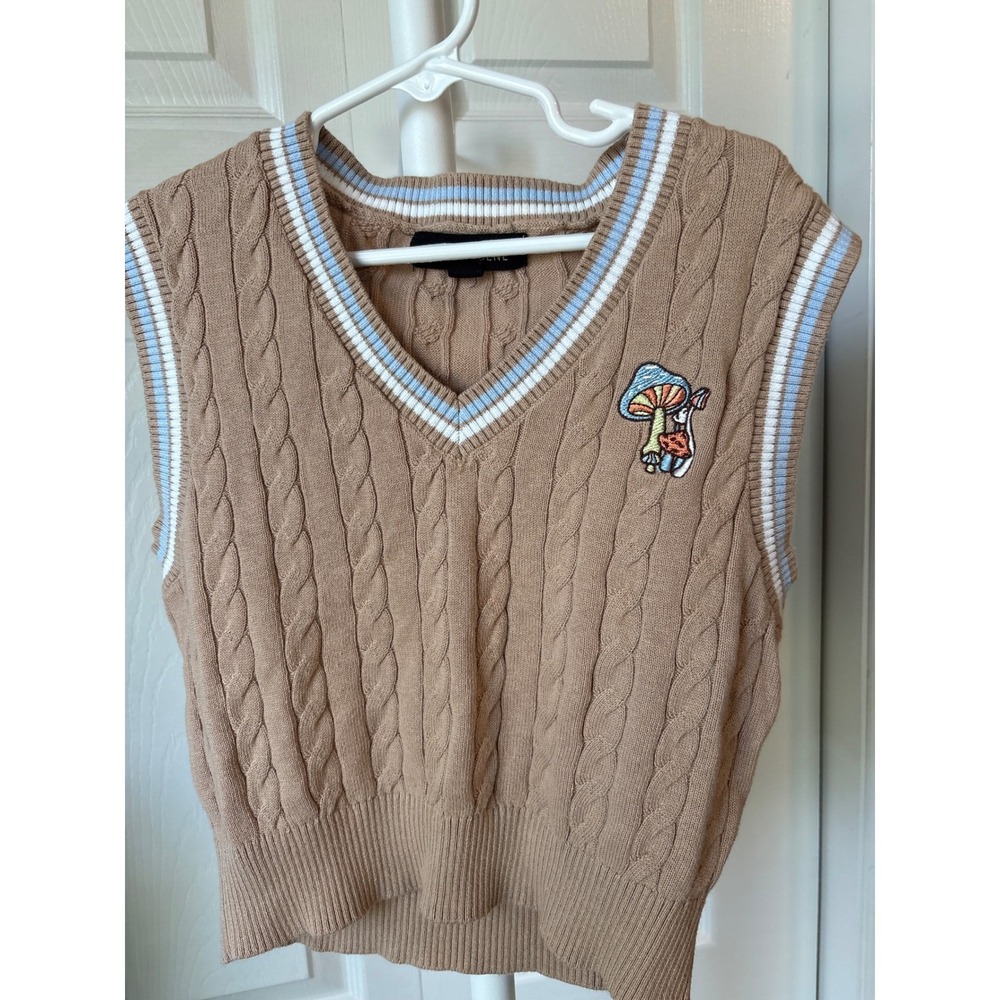 Tan Cable Knit Sweater Vest V-Neck Striped Trim‎ Mushroom Embroidery Kids